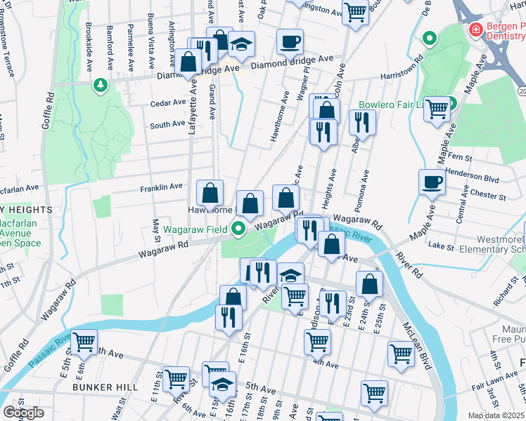map of restaurants, bars, coffee shops, grocery stores, and more near 7 Schoon Avenue in Hawthorne