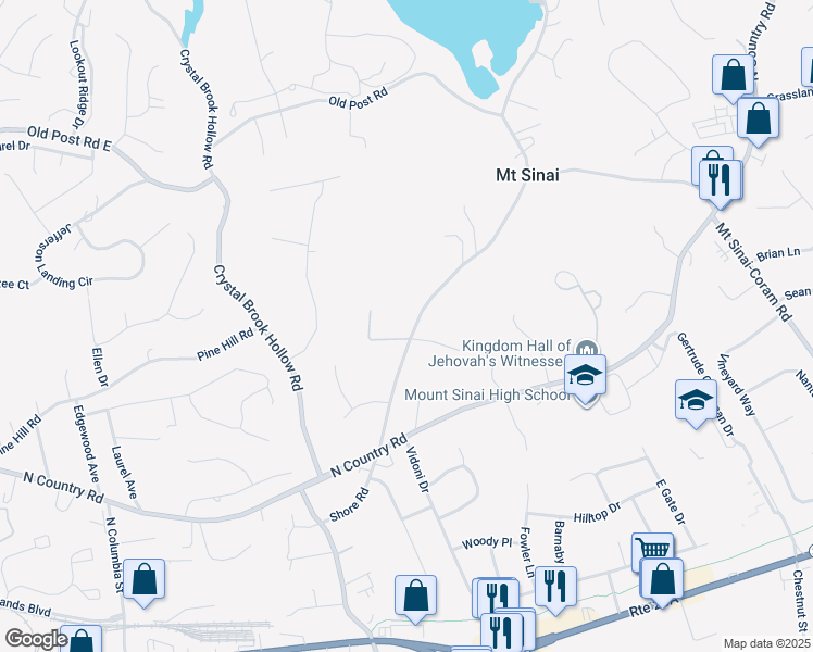 map of restaurants, bars, coffee shops, grocery stores, and more near 64 Shore Road in Mount Sinai