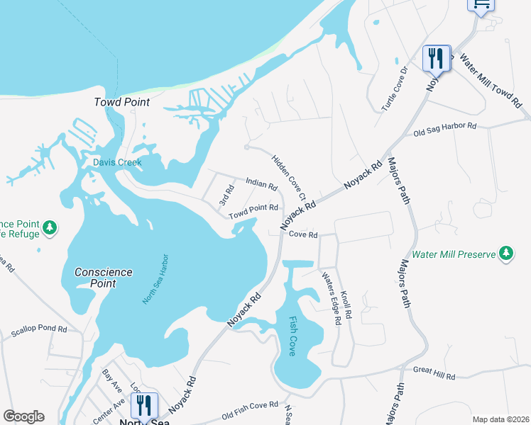 map of restaurants, bars, coffee shops, grocery stores, and more near 40 Towd Point Road in Southampton