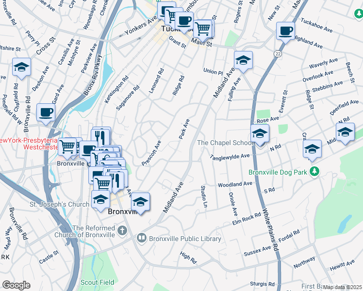 map of restaurants, bars, coffee shops, grocery stores, and more near 54 Park Avenue in Bronxville