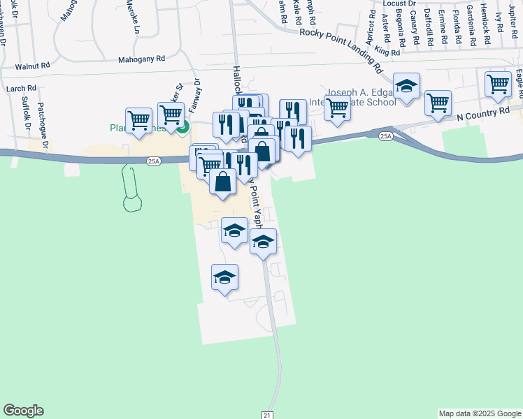 map of restaurants, bars, coffee shops, grocery stores, and more near 53 Rocky Point Yaphank Road in Rocky Point