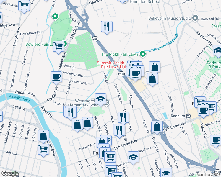 map of restaurants, bars, coffee shops, grocery stores, and more near 17-31 11th Street in Fair Lawn
