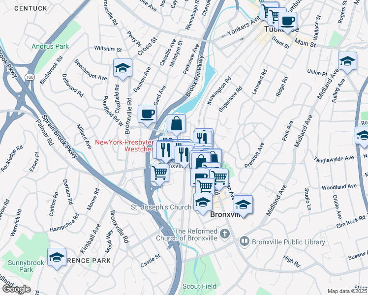 map of restaurants, bars, coffee shops, grocery stores, and more near 2 Stoneleigh Plaza in Bronxville