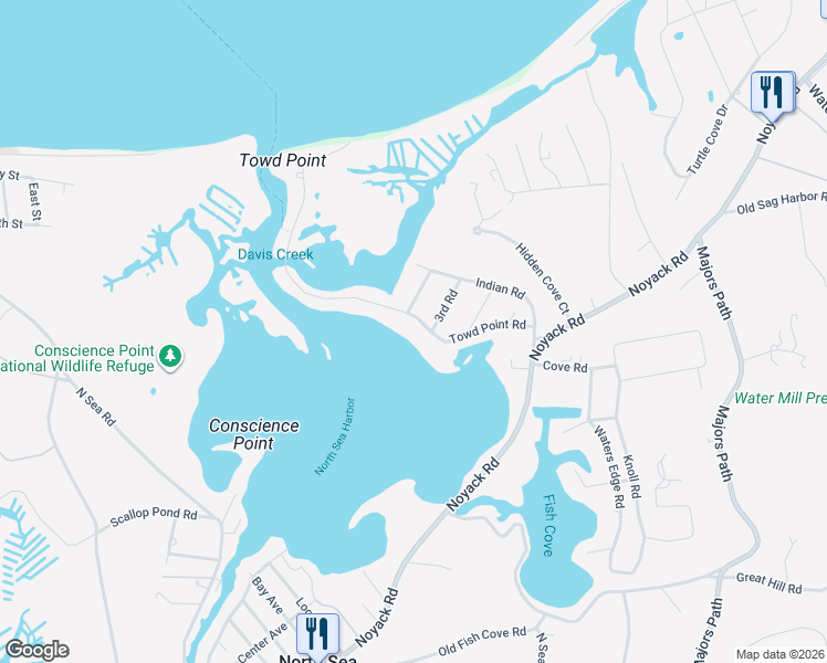 map of restaurants, bars, coffee shops, grocery stores, and more near 152 Towd Point Road in Southampton