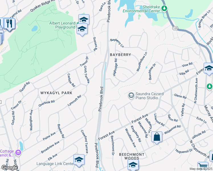 map of restaurants, bars, coffee shops, grocery stores, and more near 6 Crestwood Lane in New Rochelle