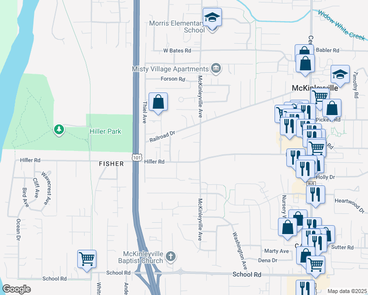 map of restaurants, bars, coffee shops, grocery stores, and more near 2043 Patricia Lane in McKinleyville