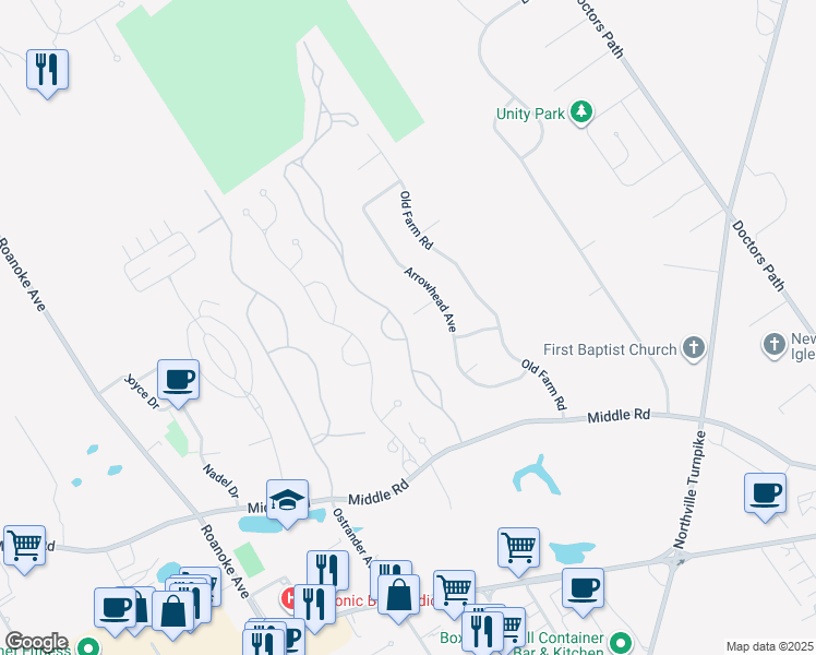 map of restaurants, bars, coffee shops, grocery stores, and more near 1103 Pebble Beach Path in Riverhead