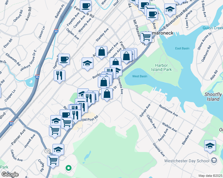 map of restaurants, bars, coffee shops, grocery stores, and more near 803 Hall Street in Mamaroneck