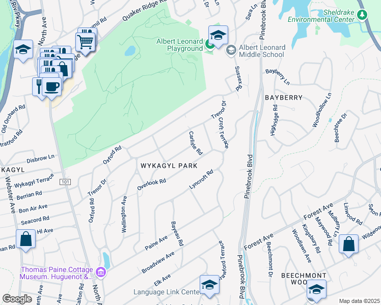 map of restaurants, bars, coffee shops, grocery stores, and more near 95 Jerome Avenue in New Rochelle