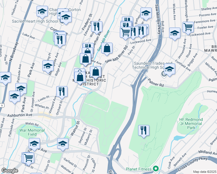 map of restaurants, bars, coffee shops, grocery stores, and more near 28 Fairmount Avenue in Yonkers