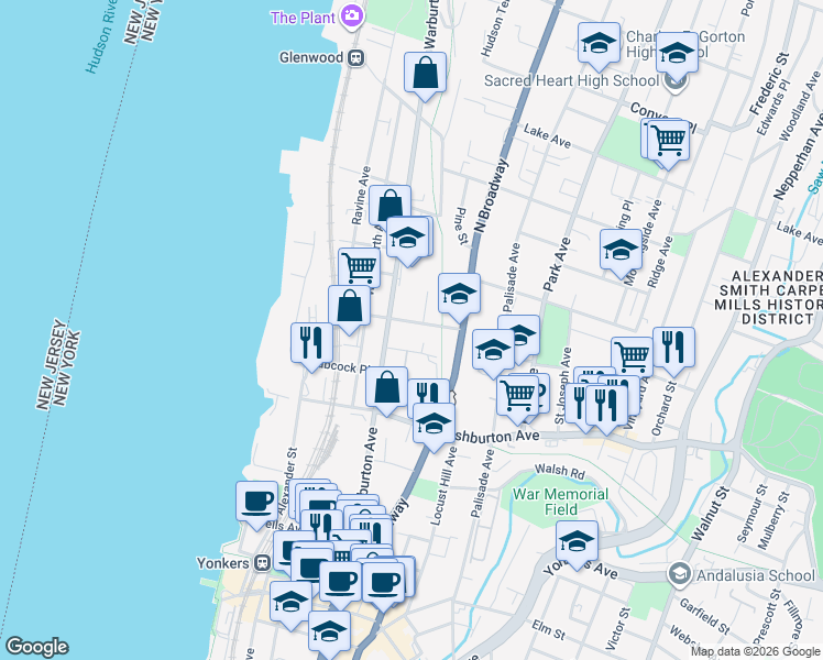 map of restaurants, bars, coffee shops, grocery stores, and more near 72 Lamartine Avenue in Yonkers