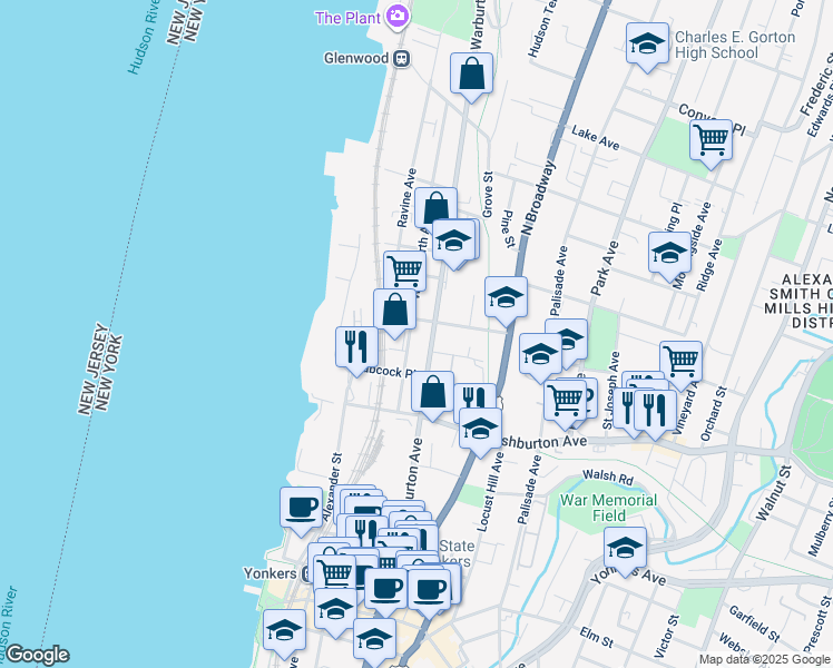 map of restaurants, bars, coffee shops, grocery stores, and more near 210 Warburton Avenue in Yonkers