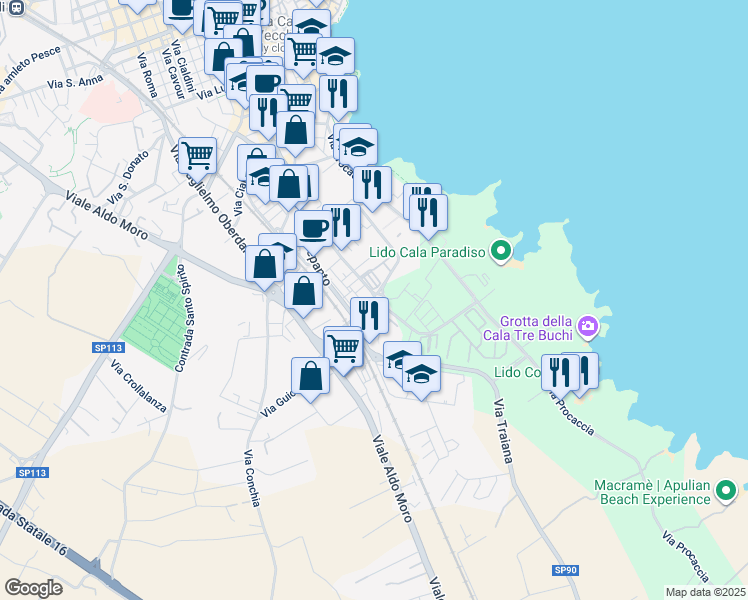 map of restaurants, bars, coffee shops, grocery stores, and more near 11 Via Luigi Piccinato in Monopoli