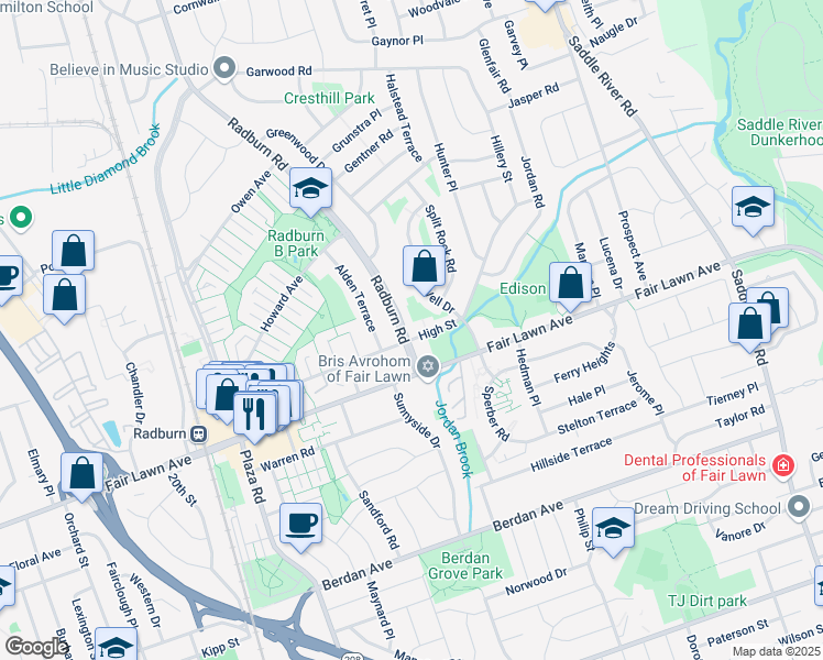 map of restaurants, bars, coffee shops, grocery stores, and more near 15-07 Radburn Road in Fair Lawn