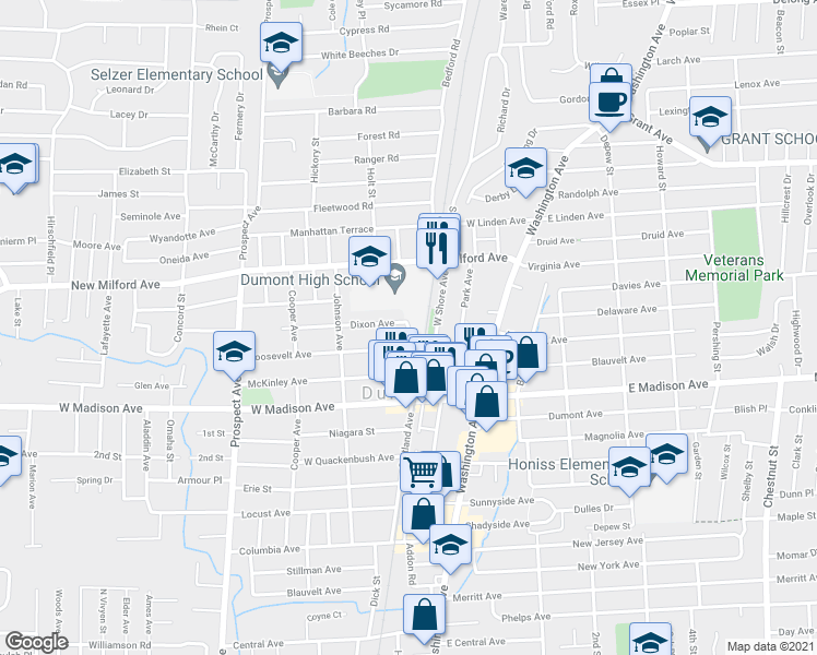 map of restaurants, bars, coffee shops, grocery stores, and more near Veterans Plaza in Dumont