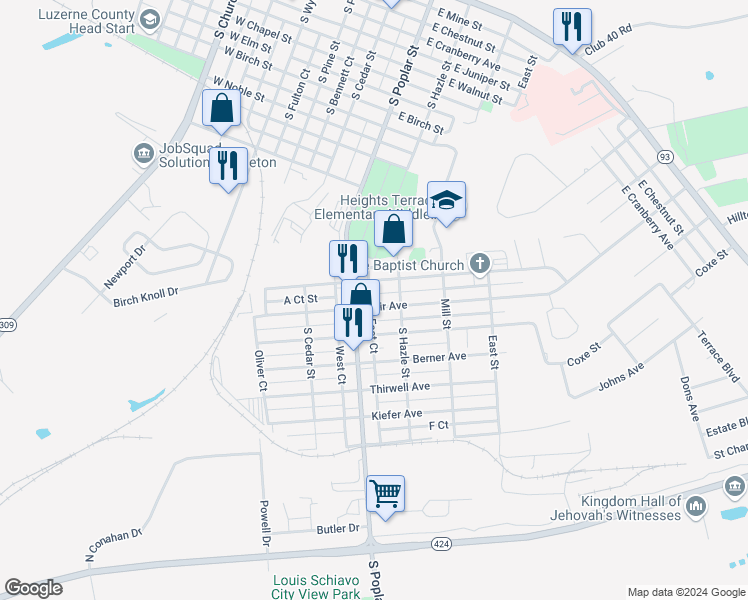 map of restaurants, bars, coffee shops, grocery stores, and more near 319 Muir Avenue in Hazleton
