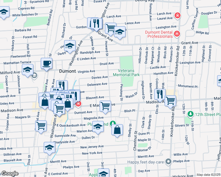 map of restaurants, bars, coffee shops, grocery stores, and more near 139 Howard Street in Dumont