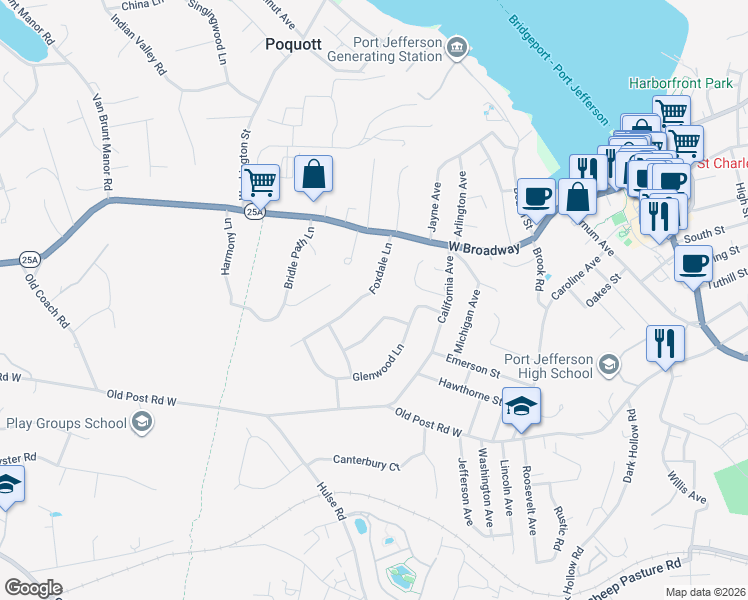 map of restaurants, bars, coffee shops, grocery stores, and more near 115 Foxdale Lane in Port Jefferson