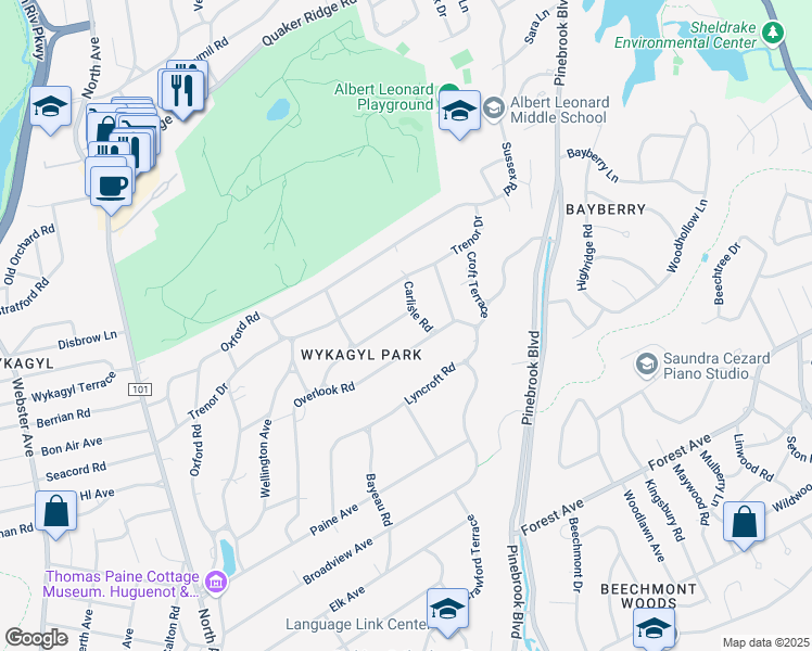 map of restaurants, bars, coffee shops, grocery stores, and more near 95 Jerome Avenue in New Rochelle
