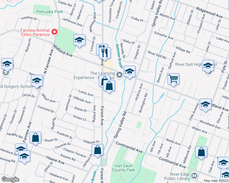 map of restaurants, bars, coffee shops, grocery stores, and more near 397 Spring Valley Road in Paramus