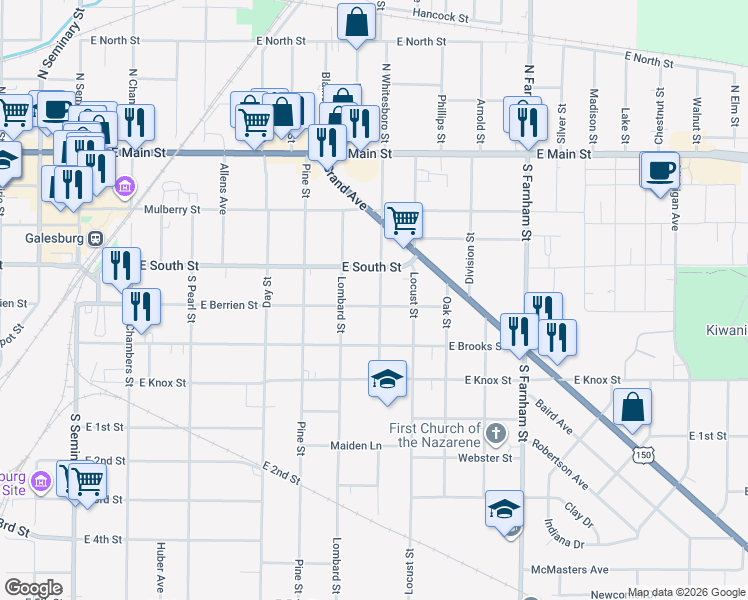 map of restaurants, bars, coffee shops, grocery stores, and more near 1189 East Berrien Street in Galesburg