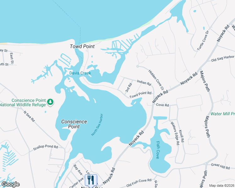 map of restaurants, bars, coffee shops, grocery stores, and more near 152 Towd Point Road in Southampton