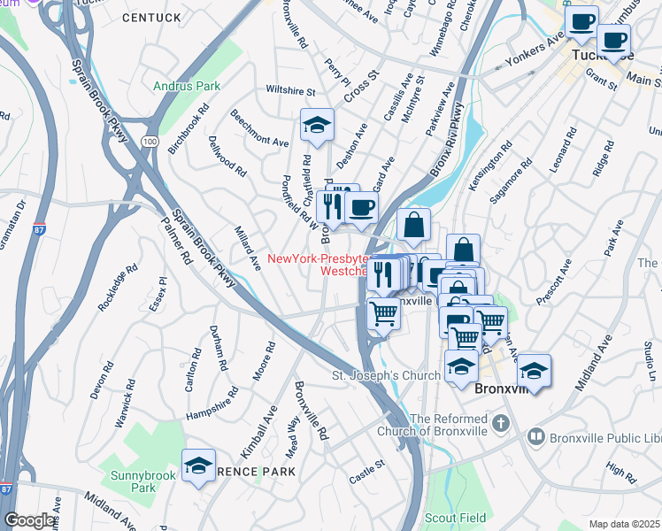 map of restaurants, bars, coffee shops, grocery stores, and more near 264 Bronxville Road in Yonkers