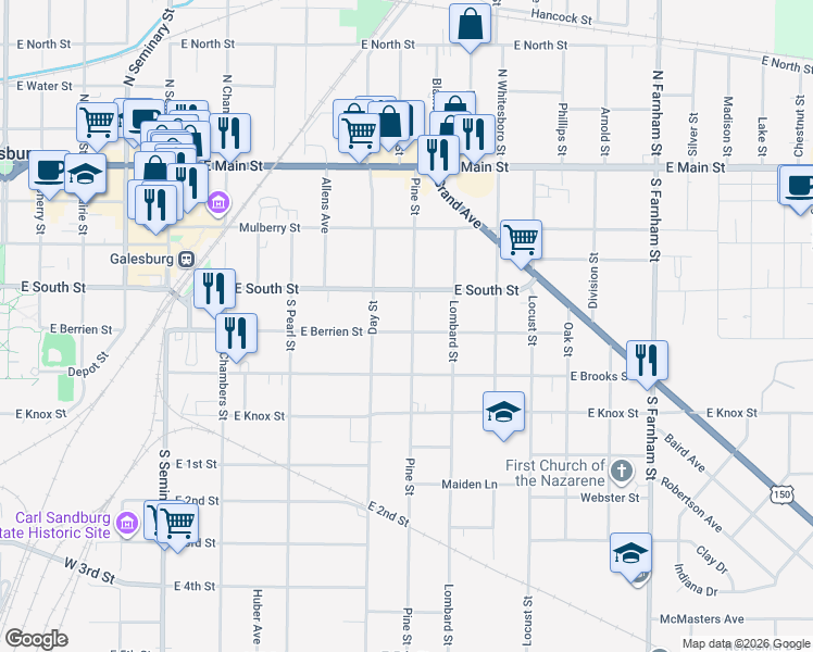 map of restaurants, bars, coffee shops, grocery stores, and more near 388 Pine Street in Galesburg