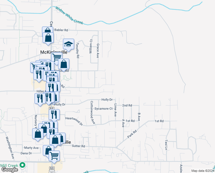 map of restaurants, bars, coffee shops, grocery stores, and more near 2030 Gwin Road in McKinleyville