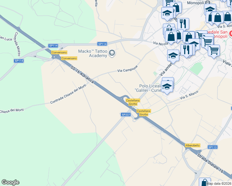 map of restaurants, bars, coffee shops, grocery stores, and more near 552 Contrada Chiesa dei Morti in Città Metropolitana di Bari
