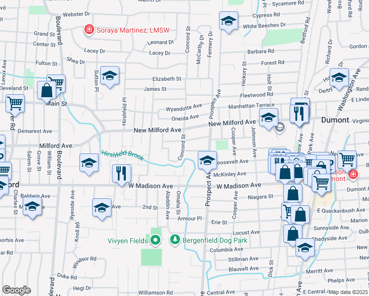 map of restaurants, bars, coffee shops, grocery stores, and more near 55 Concord Street in Dumont