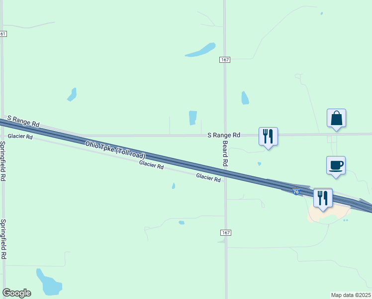 map of restaurants, bars, coffee shops, grocery stores, and more near 2833 South Range Road in New Springfield