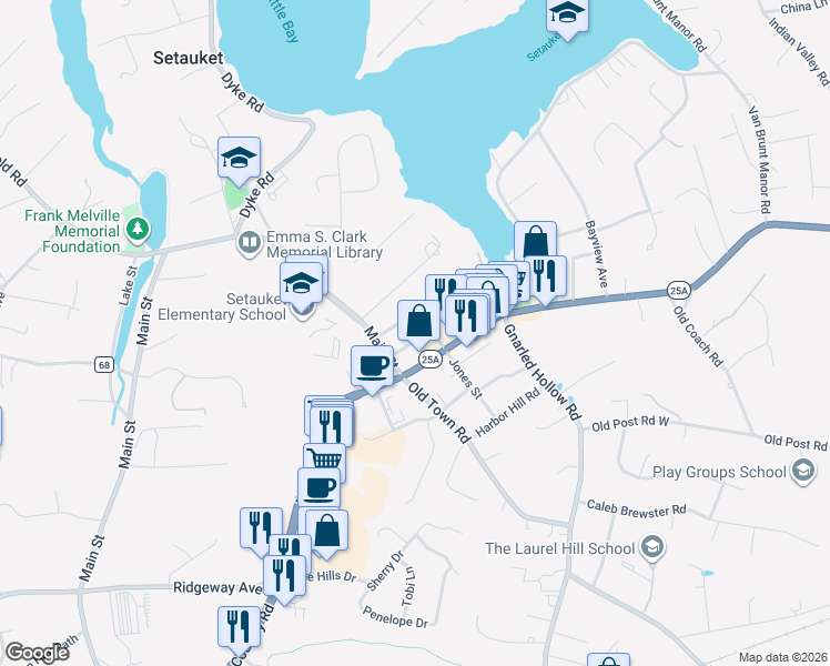 map of restaurants, bars, coffee shops, grocery stores, and more near 17 Bruce Place in Setauket- East Setauket
