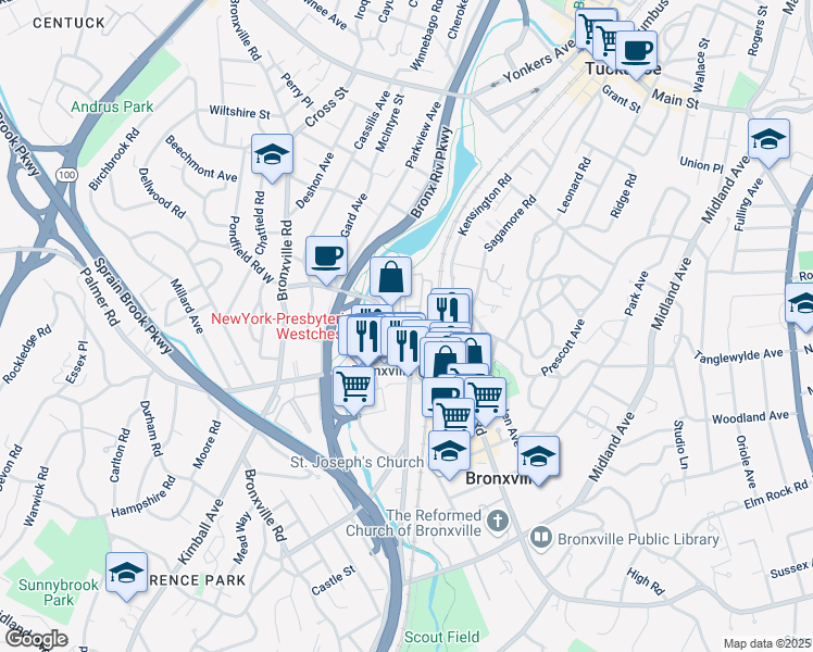 map of restaurants, bars, coffee shops, grocery stores, and more near 2 Stoneleigh Plaza in Bronxville
