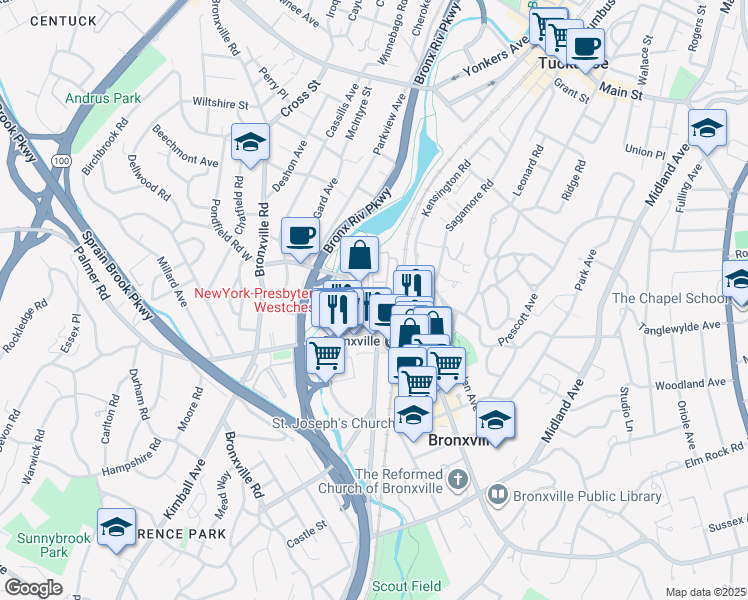 map of restaurants, bars, coffee shops, grocery stores, and more near 2 Stoneleigh Plaza in Bronxville
