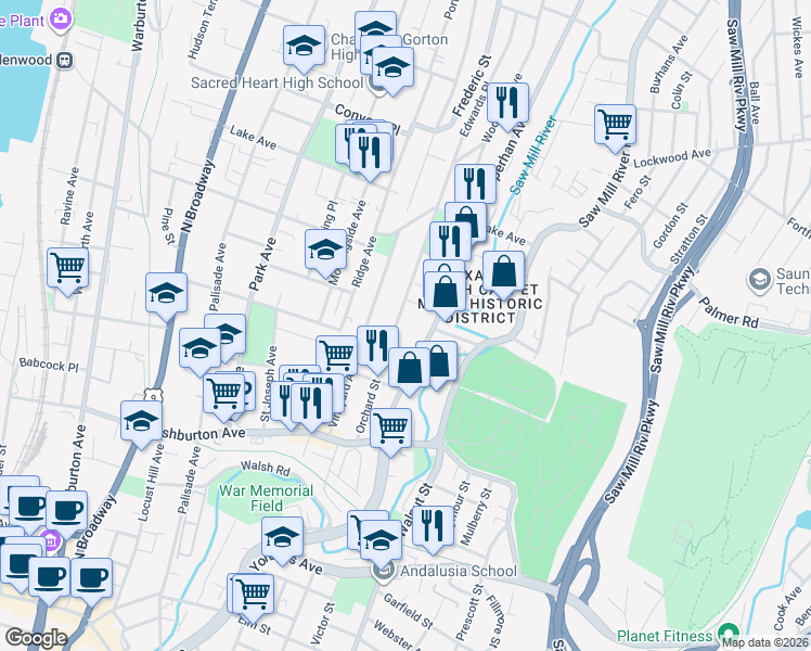 map of restaurants, bars, coffee shops, grocery stores, and more near 92 Orchard Street in Yonkers