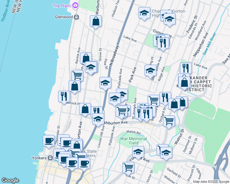 map of restaurants, bars, coffee shops, grocery stores, and more near 261 Palisade Avenue in Yonkers