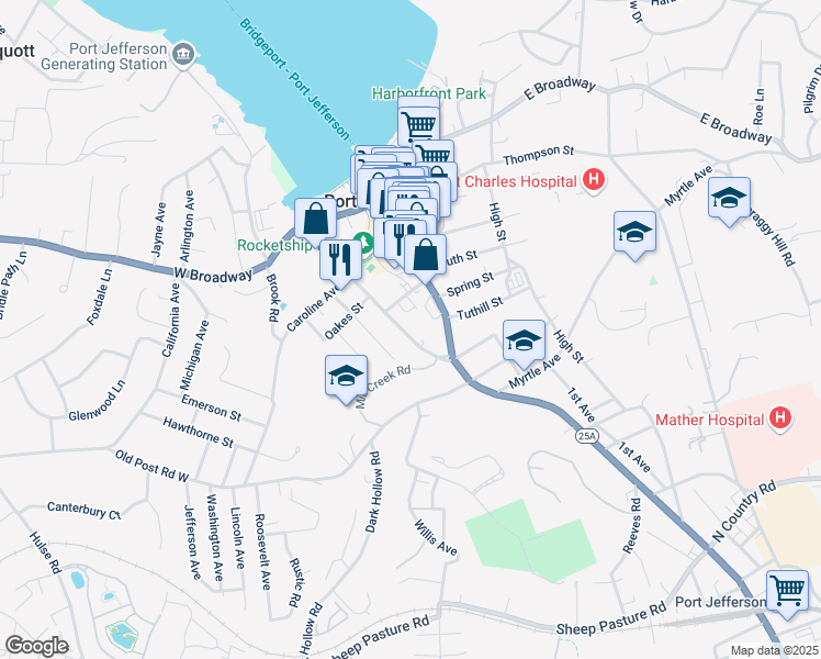 map of restaurants, bars, coffee shops, grocery stores, and more near 124 Barnum Avenue in Port Jefferson