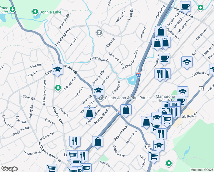 map of restaurants, bars, coffee shops, grocery stores, and more near 69 Hickory Grove Drive East in Larchmont