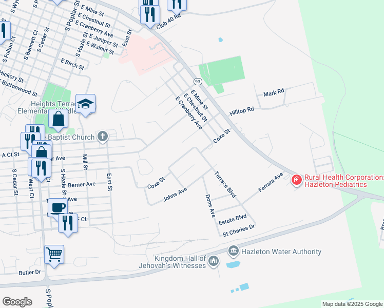 map of restaurants, bars, coffee shops, grocery stores, and more near 103 Coxe Street in Hazleton