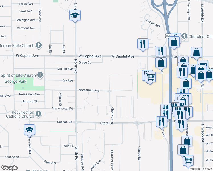 map of restaurants, bars, coffee shops, grocery stores, and more near Norseman Avenue in Grand Island