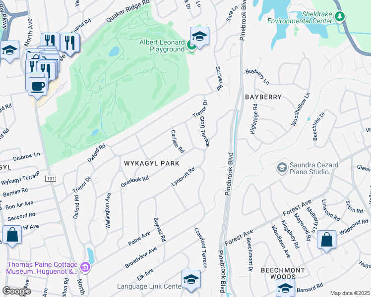 map of restaurants, bars, coffee shops, grocery stores, and more near 285 Overlook Road in New Rochelle