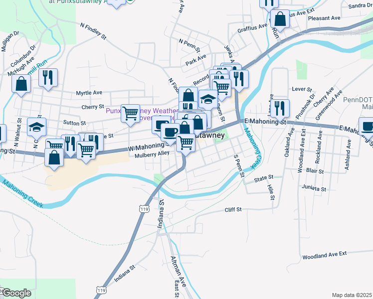 map of restaurants, bars, coffee shops, grocery stores, and more near 110 South Gilpin Street in Punxsutawney