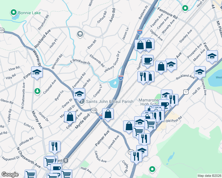 map of restaurants, bars, coffee shops, grocery stores, and more near 2 Myrtle Boulevard in Larchmont