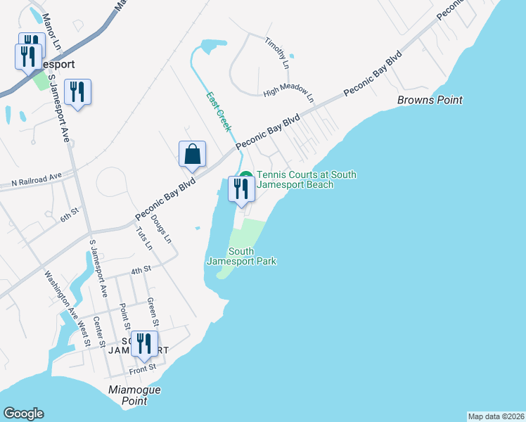 map of restaurants, bars, coffee shops, grocery stores, and more near 43 Pye Lane in Riverhead