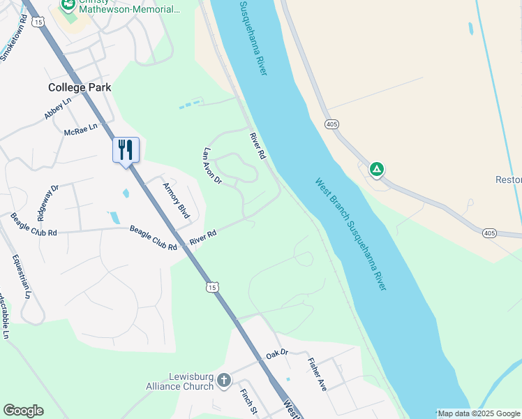 map of restaurants, bars, coffee shops, grocery stores, and more near 5 River Road in Lewisburg