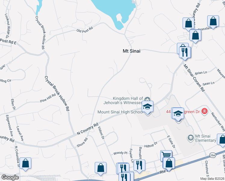 map of restaurants, bars, coffee shops, grocery stores, and more near 77 Shore Road in Mount Sinai