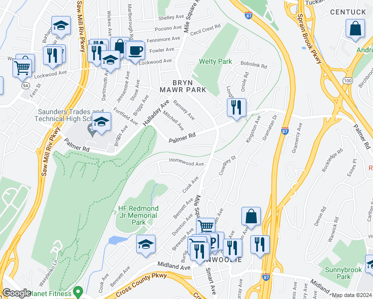 map of restaurants, bars, coffee shops, grocery stores, and more near 49 Greenwood Road in Yonkers
