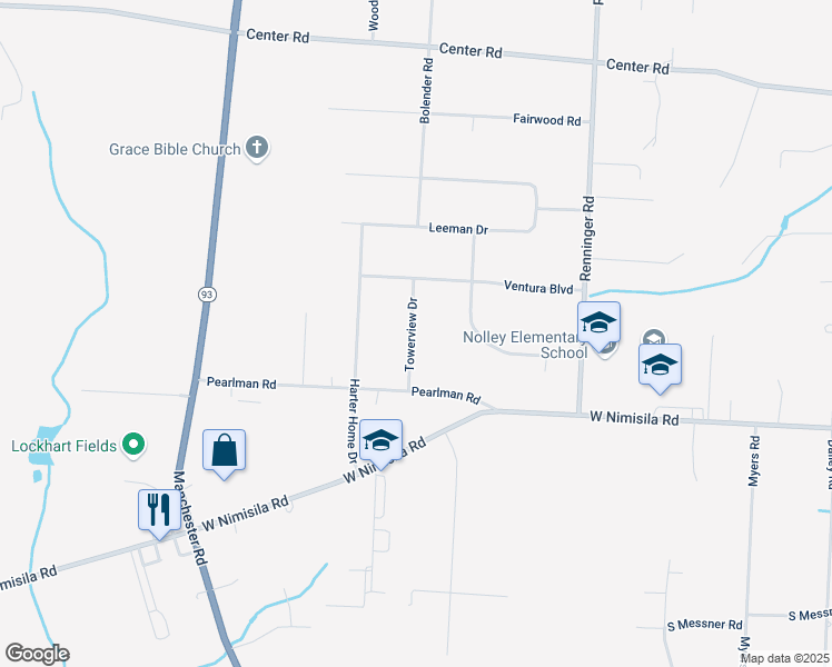 map of restaurants, bars, coffee shops, grocery stores, and more near 5728 Towerview Drive in Akron