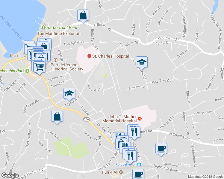 map of restaurants, bars, coffee shops, grocery stores, and more near 7 Princess Tree Court in Port Jefferson